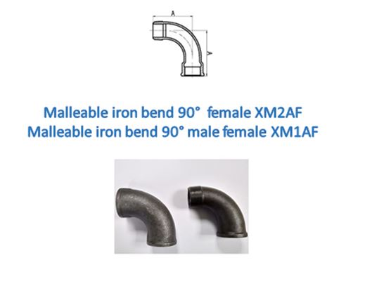 a technical drawing and two photographs of malleable iron 90-degree pipe bends. The technical drawing at the top illustrates the dimensions of a 90-degree bend with labeled points A and B. Below the drawing, there are two lines of text: "Malleable iron bend 90° female XM2AF" and "Malleable iron bend 90° male female XM1AF." At the bottom, there are two photographs of the actual pipe bends, one with both ends female and the other with one end male and one end female.