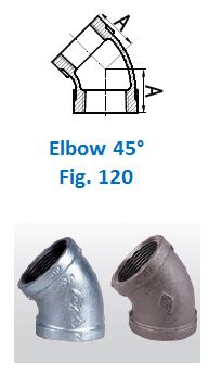 A technical drawing and two photographs of a 45-degree elbow pipe fitting. The technical drawing shows the dimensions and angle of the elbow, labeled as "A". Below the drawing, the text reads "Elbow 45° Fig. 120". The photographs show two different materials of the elbow fitting, one in a metallic finish and the other in a darker, possibly cast iron finish.