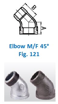 a technical drawing and two photographs of a 45-degree elbow pipe fitting. The technical drawing at the top includes dimensions labeled "A" and "B" and depicts the shape and angle of the elbow. Below the drawing, the text reads "Elbow M/F 45° Fig. 121." At the bottom, there are two photographs of the actual elbow fittings, one in a metallic finish and the other in a darker finish.