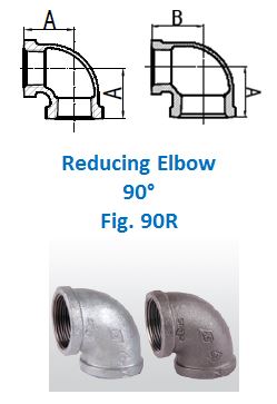 The image shows a technical drawing and photographs of a reducing elbow pipe fitting with a 90-degree angle, labeled as "Fig. 90R." The technical drawing includes two views of the elbow, labeled "A" and "B," showing the dimensions and shape of the fitting. Below the drawing, there are two photographs of the actual reducing elbow fittings, one in a metallic finish and the other in a darker finish. The text "Reducing Elbow 90° Fig. 90R" is prominently displayed in blue between the drawings and the photographs.