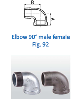 An illustration and photograph of a 90-degree elbow pipe fitting. The illustration at the top shows the dimensions labeled as "B" and an arrow indicating the direction of the bend. Below the illustration, the text reads "Elbow 90° male female Fig. 92." The photograph at the bottom shows two 90-degree elbow pipe fittings, one in a silver color and the other in a darker, possibly bronze color. Both fittings have threaded ends, with one end being male and the other female.