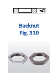 The image shows a technical drawing of a backnut, labeled as "Fig. 310." Below the drawing, there are two photographs of hexagonal backnuts, one with a shiny finish and the other with a matte finish.