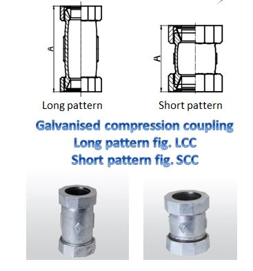 compression coupling The image shows two types of galvanized compression couplings: a long pattern and a short pattern. The top part of the image includes technical drawings of the long pattern (fig. LCC) and short pattern (fig. SCC) couplings, highlighting their structural differences. Below the drawings, there are photographs of the actual couplings corresponding to each pattern. The text in the image reads: "Galvanised compression coupling Long pattern fig. LCC Short pattern fig. SCC."
This image clearly illustrates the structural differences between long pattern and short pattern galvanized compression couplings, both through technical drawings and photographs.