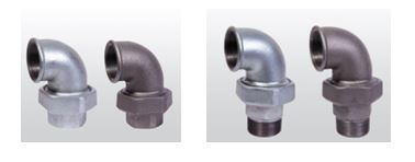 The image shows two sets of metal pipe fittings, each set consisting of two elbow joints connected to union fittings. The fittings on the left are silver, while the fittings on the right are darker in color. Both sets appear to be made of different types of metal, possibly indicating different materials or finishes.