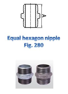 Diagram and photograph of an equal hexagon nipple, labeled as Fig. 280. The diagram shows a cross-sectional view of the nipple with a hexagonal middle section and threaded ends. Below the diagram, there is a photograph of two equal hexagon nipples, one with a shiny finish and the other with a matte finish.

This image provides a clear visual reference for the design and appearance of this specific type of fitting, commonly used in plumbing or mechanical systems to connect two pipes or hoses of the same diameter.