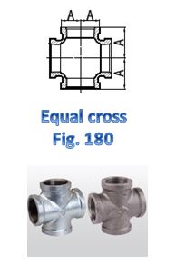 A technical drawing and two photographs of an equal cross pipe fitting. The technical drawing shows the dimensions and structure of the fitting, labeled as "Fig. 180." Below the drawing, there are two photographs of the actual fittings, one in a metallic finish and the other in a darker, possibly cast iron finish.