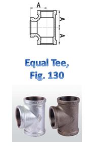 The image shows a technical drawing and two photographs of an equal tee pipe fitting, labeled as "Equal Tee, Fig. 130." The technical drawing at the top illustrates the dimensions and shape of the equal tee, with a labeled dimension "A." Below the drawing, there are two photographs of the equal tee fitting, one in a silver finish and the other in a bronze finish. The fittings have three openings of equal size, forming a T-shape.