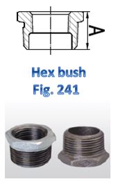 The image shows a technical drawing and two photographs of a hex bush, labeled as "Hex bush Fig. 241." The technical drawing at the top illustrates the cross-sectional view of the hex bush, highlighting its dimensions with a labeled dimension "A." Below the drawing, there are two photographs of the hex bush, one with a metallic finish and the other with a darker finish. The hex bush is a threaded fitting used in plumbing or mechanical systems to connect pipes of different sizes.