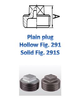The image shows a technical drawing and photographs of two types of plain plugs. The technical drawing at the top illustrates the dimensions and design of a plug, labeled with the letter "A" indicating a specific measurement. Below the drawing, the text reads "Plain plug Hollow Fig. 291 Solid Fig. 291S" in blue font. At the bottom, there are two photographs of the plugs: the left one is a hollow plug, and the right one is a solid plug. Both plugs have a hexagonal head and threaded body.