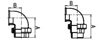 The image shows technical engineering diagrams of two similar pipe fittings or connectors viewed from the side. Each fitting appears to be a 90-degree elbow joint with threaded connections. The diagrams include dimension lines labeled with "A" and "B" measurements. The fittings are shown in cross-section to reveal their internal structure and threading details. The two diagrams appear to be showing the same type of fitting from slightly different angles or variations.