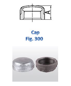 The image shows a technical drawing and a photograph of a cap, labeled as "Cap Fig. 300." The technical drawing at the top illustrates the cross-sectional view of the cap, highlighting its dimensions. Below the drawing, there is a photograph of the actual cap, showing both the exterior and interior threaded sections.