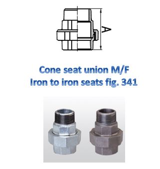 Diagram and photograph of a cone seat union M/F iron to iron seats fig. 341. The diagram shows the dimensions of the union, labeled with 'A'. Below the diagram, there are two photographs of the actual cone seat unions, one in a lighter color and one in a darker color.