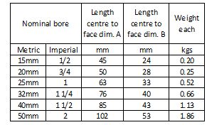 A table displaying the dimensions and weights of pipes with different nominal bores. It includes columns for nominal bore (both in metric and imperial units), length center to face dimension A (in mm), length center to face dimension B (in mm), and weight (in kgs). The rows list the following data:

15mm (1/2 inch): A = 45 mm, B = 24 mm, weight = 0.20 kgs

20mm (3/4 inch): A = 50 mm, B = 28 mm, weight = 0.25 kgs

25mm (1 inch): A = 63 mm, B = 33 mm, weight = 0.38 kgs

32mm (1 1/4 inch): A = 76 mm, B = 40 mm, weight = 0.66 kgs

40mm (1 1/2 inch): A = 85 mm, B = 43 mm, weight = 1.13 kgs

50mm (2 inch): A = 102 mm, B = 53 mm, weight = 1.86 kgs

This table provides detailed measurements and weights for various pipe sizes, useful for planning and installation purposes.