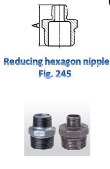 Diagram and photographs of a reducing hexagon nipple, labeled as Fig. 245. The diagram shows a cross-sectional view of the nipple with a hexagonal shape in the middle and threaded ends. Below the diagram, there are two photographs of the actual reducing hexagon nipples, one in a silver finish and the other in a darker finish.