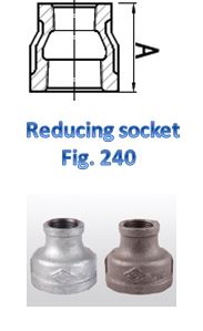 The image shows a technical drawing and two photographs of a reducing socket, labeled as "Fig. 240." The technical drawing at the top illustrates the cross-sectional view of the reducing socket, highlighting its internal structure and dimensions. Below the drawing, the text "Reducing socket Fig. 240" is written in blue. At the bottom, there are two photographs of the reducing socket, one in a silver finish and the other in a darker, possibly iron finish.