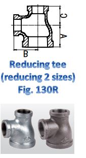 Diagram and photo of a reducing tee pipe fitting. The diagram shows the dimensions labeled A, B, and C. Below the diagram, text reads "Reducing tee (reducing 2 sizes) Fig. 130R." Two photos of the reducing tee fitting are shown, one in a metallic finish and the other in a darker finish
