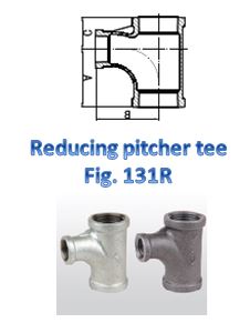 The image shows a technical drawing and two photographs of a reducing pitcher tee, labeled as "Fig. 131R." The technical drawing at the top illustrates the dimensions and structure of the reducing pitcher tee. Below the drawing, the text "Reducing pitcher tee Fig. 131R" is written in blue. At the bottom, there are two photographs of the actual reducing pitcher tee, one in a silver finish and the other in a darker, possibly iron finish.