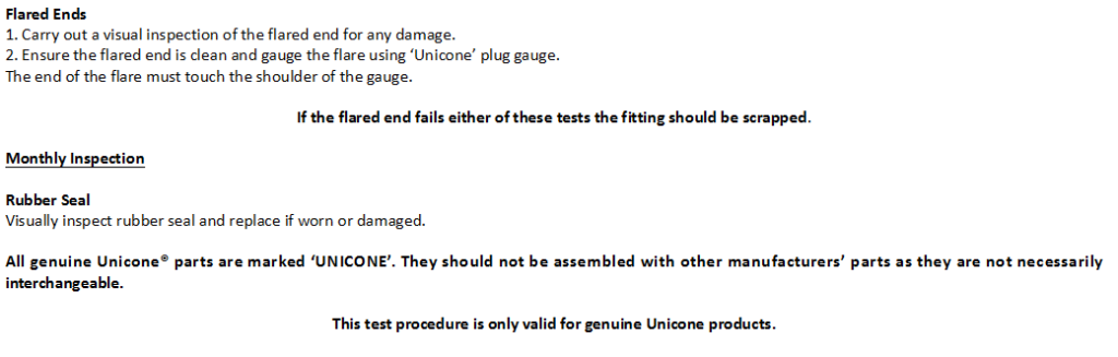 The image contains instructions for inspecting flared ends and rubber seals of Unicone products. It includes steps for visual inspection and gauging of flared ends, and a note that fittings should be scrapped if they fail the tests. It also mentions monthly inspection of rubber seals and advises against mixing Unicone parts with other manufacturers' parts.