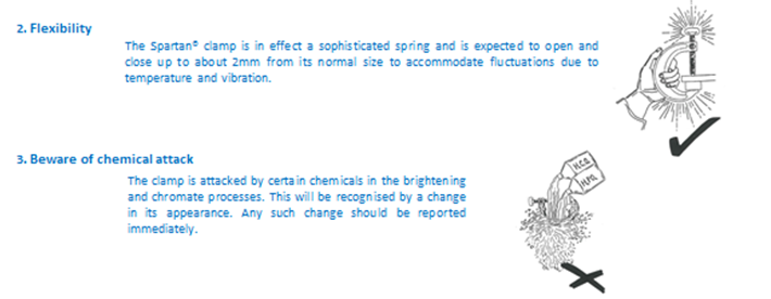The image shows two sections with instructions and illustrations related to the use and care of a clamp. The first section discusses the flexibility of the clamp and shows an illustration of it opening and closing slightly. The second section warns about chemical attack on the clamp and shows an illustration of a damaged clamp.