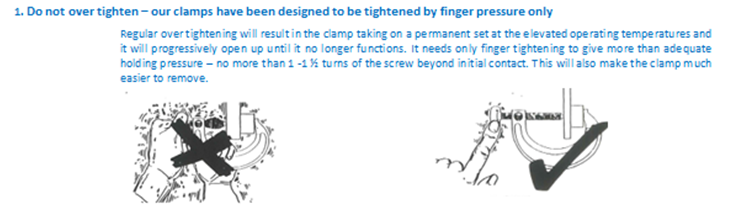 A diagram illustrating the proper way to tighten a clamp. It shows a clamp with an X over it to indicate incorrect over-tightening, and another clamp with a checkmark to indicate correct finger-tightening.