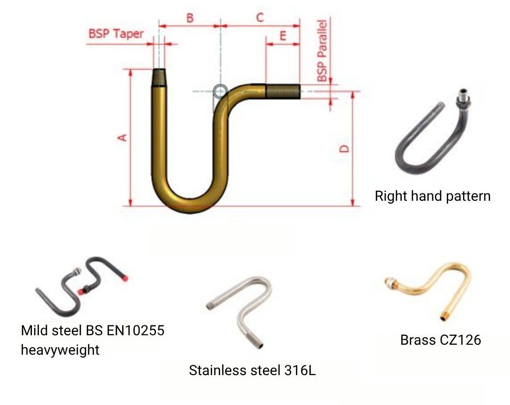 U syphons diagram from CMT Engineering, showing mild steel version, stainless steel 316L, brass CZ126 and a right hand pattern example.