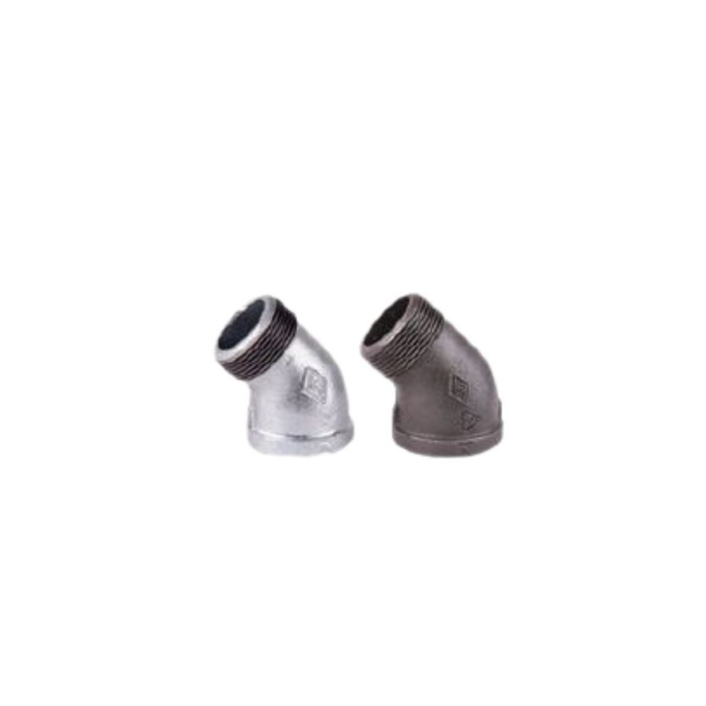 Two malleable iron male female elbow fittings 45 degrees