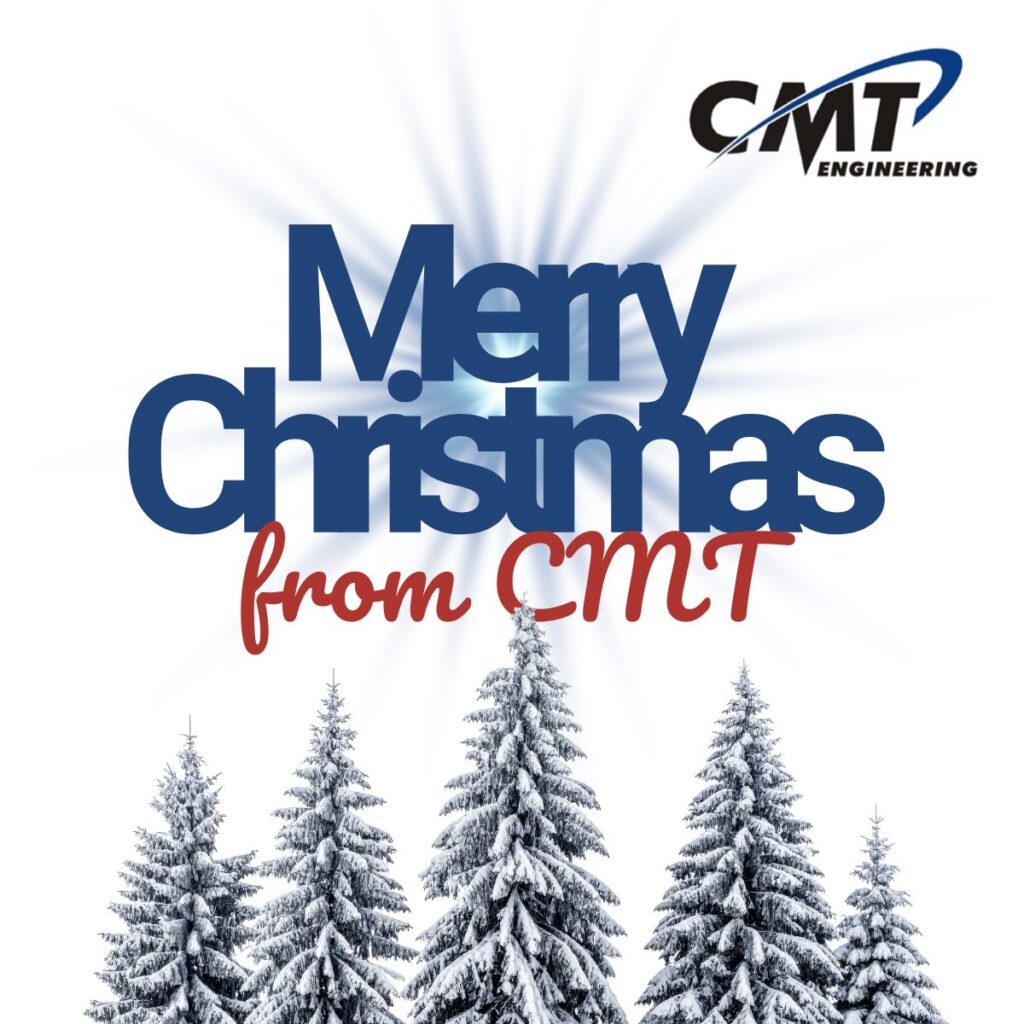 Merry Christmas from CMT with CMT Engineering logo and snowy pines